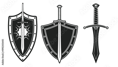 Vector illustration of medieval shields and swords set in black and white with medieval heraldry protection