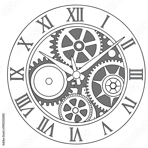 Vector illustration of a vintage watch face with visible internal mechanical gears mechanism mechanical