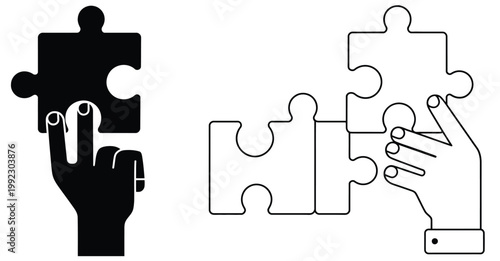 Crafting puzzle pieces icon set featuring hands demonstrating connection, problem solving interaction symbols, jigsaw assembly elements,