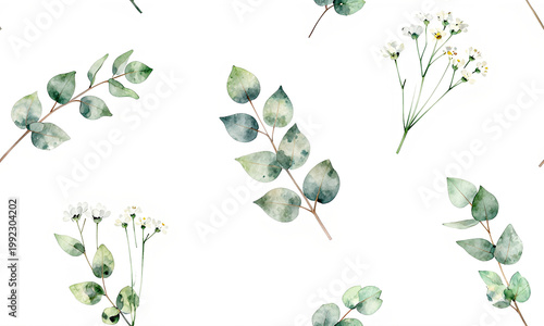 Delicate watercolor eucalyptus and wildflowers seamless pattern for wedding and nursery decor