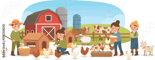 Farm, farm animals, people, rural scene, vector illustration, colorful, agricultural landscape
