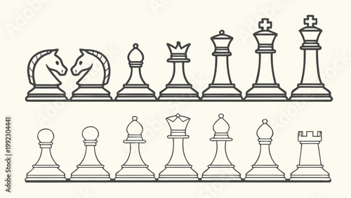 Vector illustration of a complete set of chess pieces with strategy competition intellect checkmate