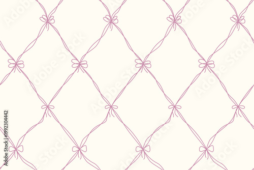 Modern pink Doodle bow sketch ribbons seamless pattern. Argyle diamond hand drawn texture. Geometric line lattice bows background. Great for fabric, gift wrap, wallpaper, packaging, textile, scrapbook