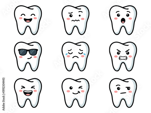 Set of Cute Cartoon Teeth with Different Emotions.