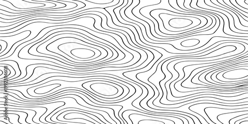 Seamless vector illustration of abstract black and white topographic map contour lines, featuring smooth flowing elevation curves and layered geographic patterns in a high-contrast monochrome style.