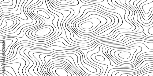 Seamless vector illustration of abstract black and white topographic map contour lines, featuring smooth flowing elevation curves and layered geographic patterns in a high-contrast monochrome style.