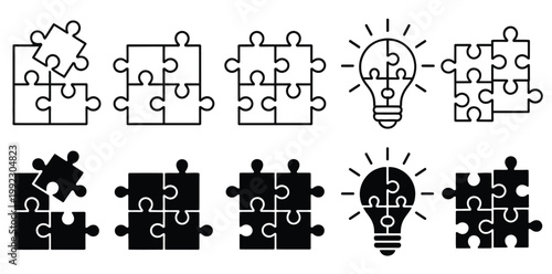 Crafting puzzle pieces icon set featuring hands demonstrating connection, problem solving interaction symbols, jigsaw assembly elements,