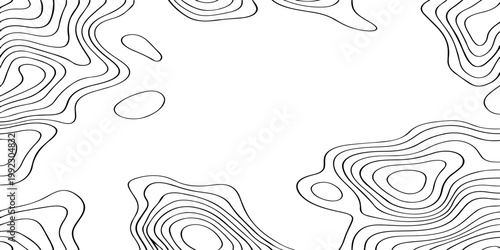 Seamless vector illustration of abstract black and white topographic map contour lines, featuring smooth flowing elevation curves and layered geographic patterns in a high-contrast monochrome style.