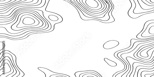 Seamless vector illustration of abstract black and white topographic map contour lines, featuring smooth flowing elevation curves and layered geographic patterns in a high-contrast monochrome style.