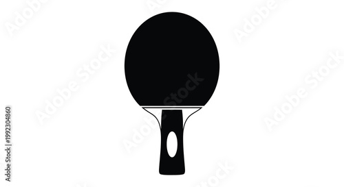 A stark black silhouette depicts a table tennis paddle against a white background emphasizing its iconic shape silhouette