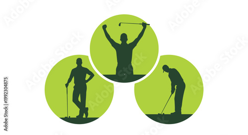 Green circles containing silhouettes of male golf players in different poses while practicing their athletic game skills