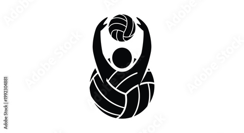 A striking black design showcases a volleyball player poised to serve with multiple balls creating a dynamic silhouette