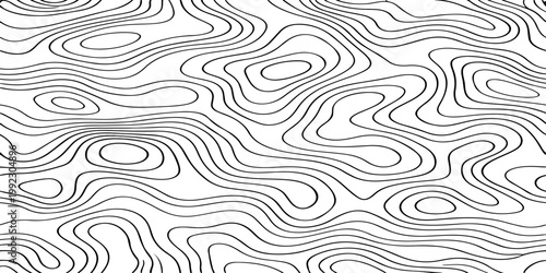 Seamless vector illustration of abstract black and white topographic map contour lines, featuring smooth flowing elevation curves and layered geographic patterns in a high-contrast monochrome style.