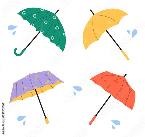 Set of colorful hand drawn umbrellas with abstract patterns and raindrops. Vector illustration of seasonal weather accessories, isolated on white background. Perfect for autumn or spring themes