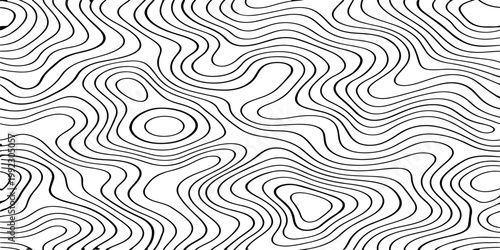 Seamless vector illustration of abstract black and white topographic map contour lines, featuring smooth flowing elevation curves and layered geographic patterns in a high-contrast monochrome style.