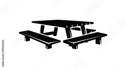 A stark black and white depiction of a picnic table with attached benches presented as a clean silhouette