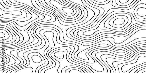 Seamless vector illustration of abstract black and white topographic map contour lines, featuring smooth flowing elevation curves and layered geographic patterns in a high-contrast monochrome style.