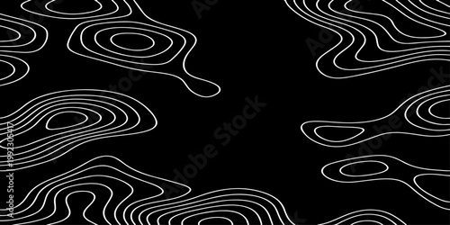 Seamless vector illustration of abstract black and white topographic map contour lines, featuring smooth flowing elevation curves and layered geographic patterns in a high-contrast monochrome style.