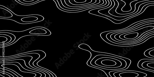 Seamless vector illustration of abstract black and white topographic map contour lines, featuring smooth flowing elevation curves and layered geographic patterns in a high-contrast monochrome style.