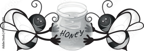 Busy Cartoon Bees With Honey. cartoonish bees holding a pot of honey