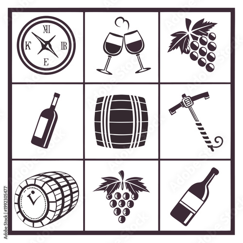 Vector illustration of wine industry icons featuring bottles grapes barrels vineyard beverage industry