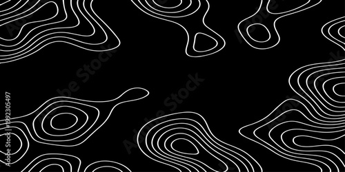 Seamless vector illustration of abstract black and white topographic map contour lines, featuring smooth flowing elevation curves and layered geographic patterns in a high-contrast monochrome style.