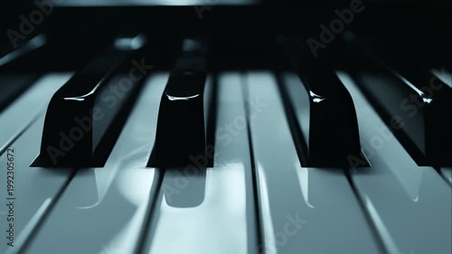 Close up of piano keys being played, cinematic lighting, elegant music concept