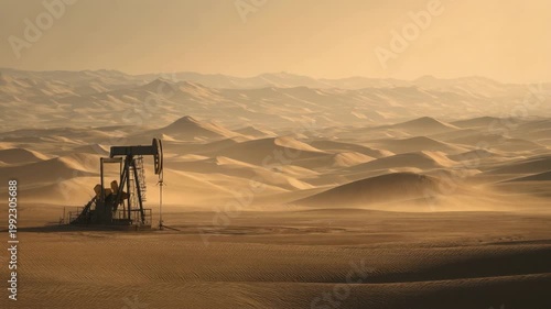 Solitary oil pump jack standing in vast golden desert sand dunes at warm sunset light