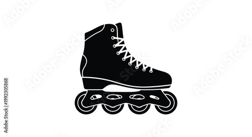 A stark black silhouette depicts a single inline roller skate against a plain white background evoking simplicity high quality