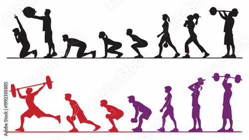 Vector illustration of gym workout silhouettes in two rows with exercise strength training silhouette