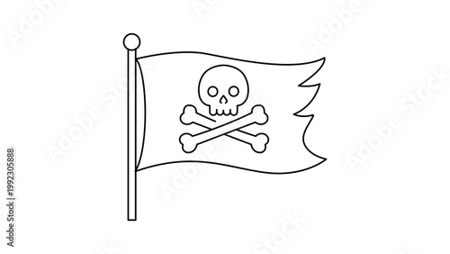 Schilderij op canvas Pirate Flag Vector Icon with Skull and Crossbones, Minimalist Black Line Illustration on White Background, Editable Stroke for Customization, Jolly Roger Symbol for Adventure and Sea Voyages