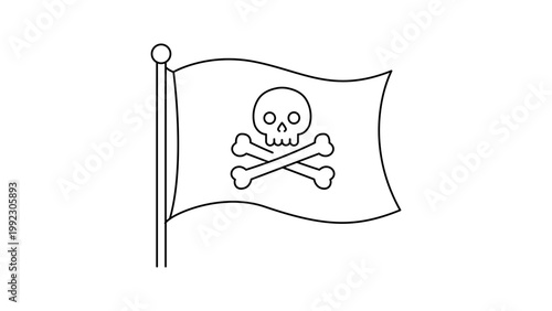 Foto Minimalist Pirate Flag Vector Icon Featuring a Skull and Crossbones, Hand-Drawn Black Line Illustration with Editable Stroke, Jolly Roger Symbol on Flagpole for Adventure and Nautical Themes