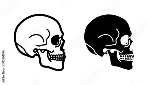 Photos Two Skull Vector Icons, Black and White Outline, Graphic Resource for Halloween,