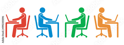 People working on laptop computers at desks icon set, office workers students colorful productivity concept, modern clean vector illustration