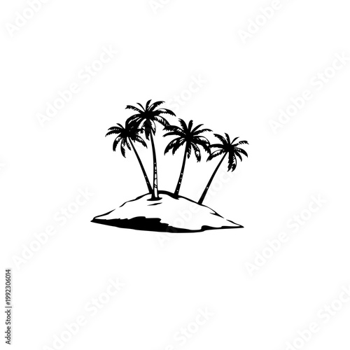 A minimalist black and white illustration of a small island with palm trees on transparent background