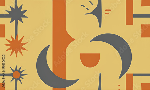 Mid-Century Modern seamless pattern with retro abstract geometric forms in mustard and orange