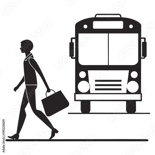 Vector illustration of a commuter walking towards a city bus with commuter transport silhouette business