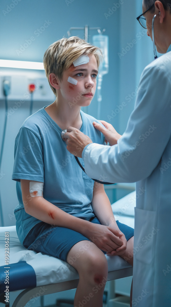 Obraz premium Pediatrician examining injured preteen boy with stethoscope in hospital emergency room. Medical checkup for child with head bandages and facial bruises after accident.