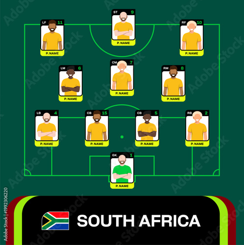 Stylized Football 2026 South Africa Team Starting Lineup Presentation with Player Positions and Strategic Formation on Field