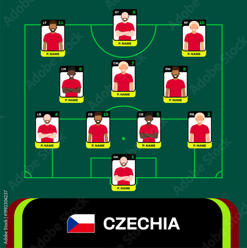 Czechia National Football 2026 Tournament Starting Lineup Vector Graphic for Match Announcement and Strategic Presentation.