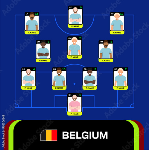 Belgium Football 2026 Tournament Starting Lineup Announcement Vector Illustration for Match Presentation.