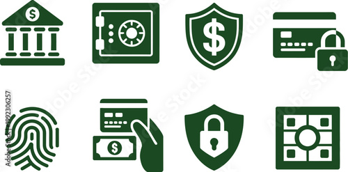 Financial security icons vector illustration set featuring bank building, fingerprint authentication, shield locks, credit card protection, secure payment symbols, and cash vault, modern cybersecurity