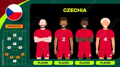 Stylized Czechia Football 2026 Team Lineup and Tactical Formation Presentation for Tournament Match.