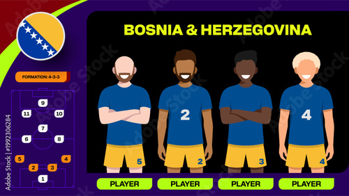 Bosnia Herzegovina Football Team players presenting their tactical starting lineup for the Football 2026 tournament match.