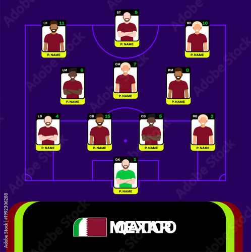 Stylized Football 2026 Tournament Lineup Displaying Team Players' Strategic Positions and Game Formation.