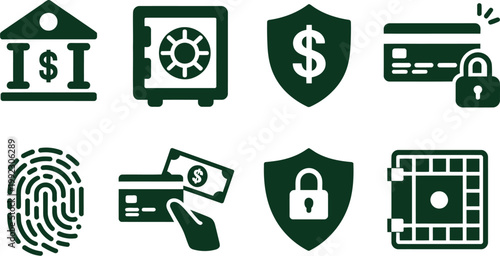 Bank and payment security icon collection including fingerprint scan, shield lock, credit card safety, secure transaction, and vault cash protection, financial security system symbols