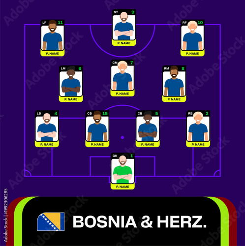 Bosnia and Herzegovina National Football Team's Strategic Starting Lineup Display for 2026 Tournament Match Announcement Design