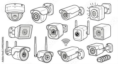 CCTV Cameras Line Art Vector Set, Modern Security Surveillance Outline Icons Collection