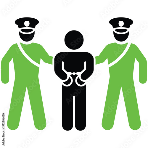 Two green uniformed officers arresting black suspect in handcuffs isolated on transparent background.