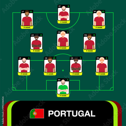 Portugal Football 2026 Team Lineup Displaying Strategic Match Formation on a Green Field with Player Avatars, Dynamic Vector Graphic.